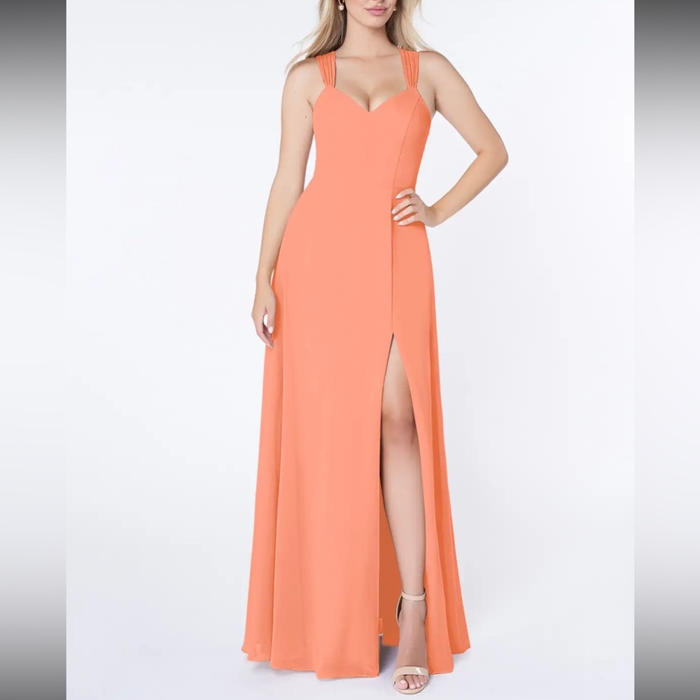 Azazie Champagne A-Line V-Neck Pleated Chiffon Dress Size A10